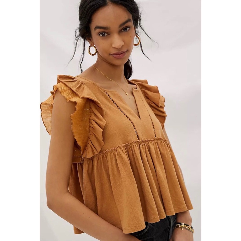 NWT ANTHROPOLOGIE CAROLINE RUFFLED BABYDOLL TOP IN CEDAR - Picture 3 of 7
